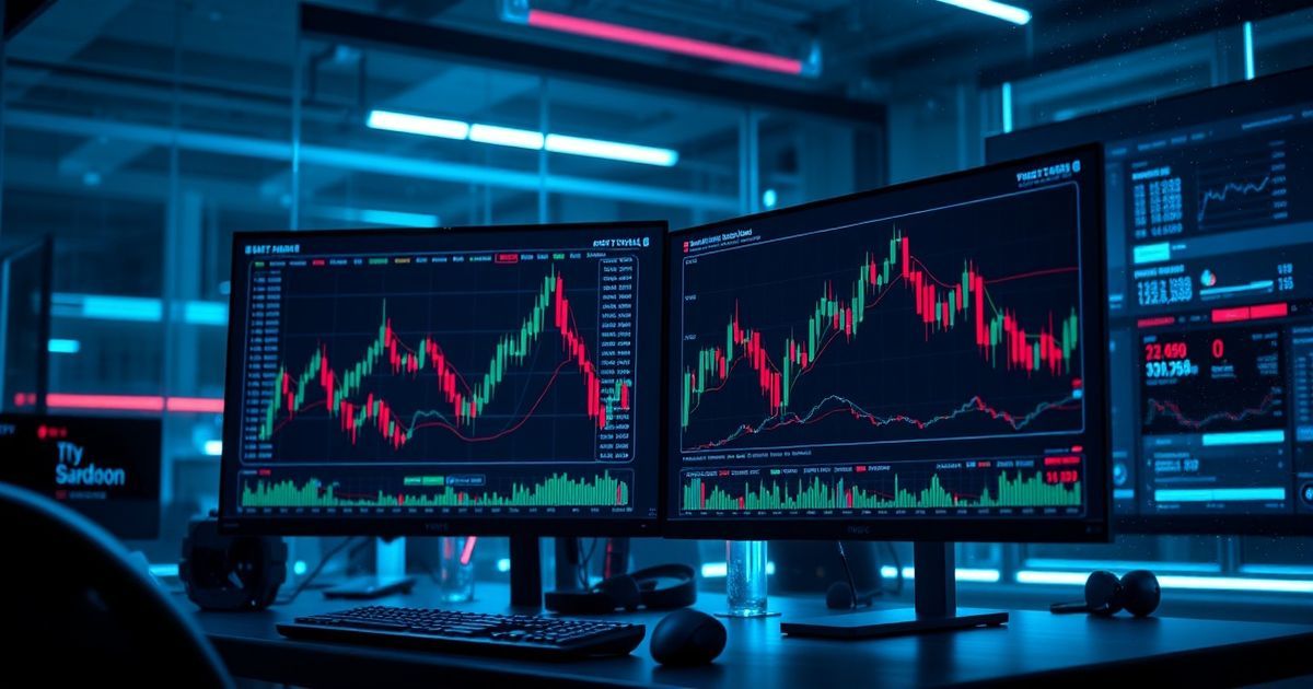 Kingfisher-Plattform Trading platform interface showing real-time cryptocurrency charts with candlestick patterns and technical indicators